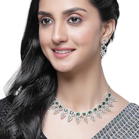 Jewellery Set Leaf Style AD/ Gold Plated Handcrafted Circle Necklace Set for Women & Girls (Green) - Rajputtrade