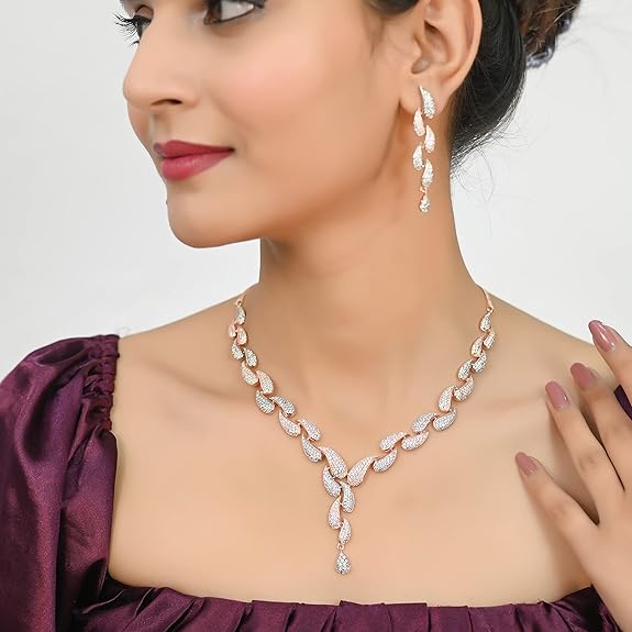 American Diamond CZ Rose Gold Plated Designer Jewellery Set/Necklace Set - Rajputtrade