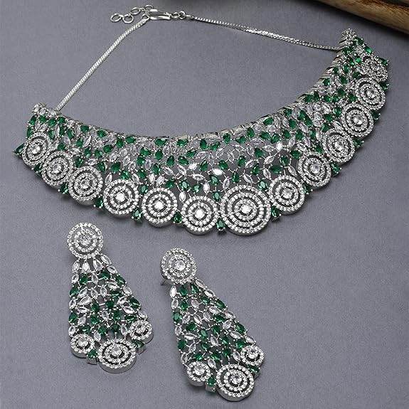 Choker Necklace with Earrings Jewellery Set with Girls and Women (Green) - Rajputtrade