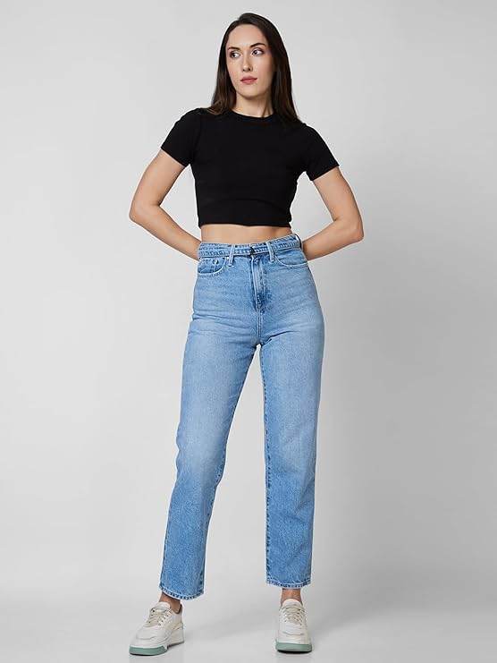 High Rise Straight Fit Blue Jeans for Women, Ice Blue (Size 38) - Rajputtrade