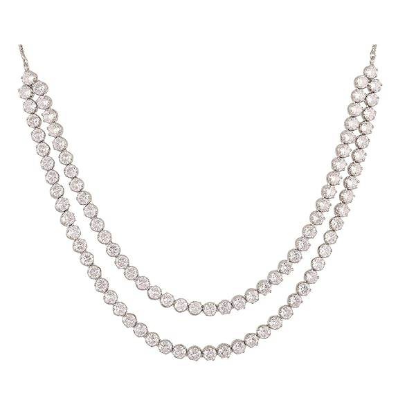 Cubic Zirconia Dual Strand Necklace Jewellery Set With Dangler Earrrings For Women/Girls (White) - Rajputtrade