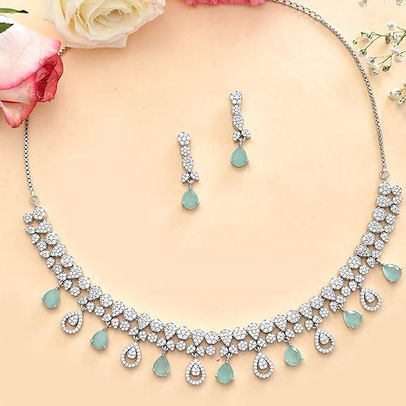 Elegance Green And White Teardrop Cut Cz Jewellery Set For Women | Jewellery Set - Rajputtrade