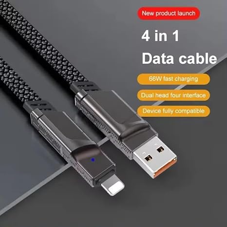 4 in 1 Metal Flat Braided Indestructible Cable 1.2m 60W with Type C, type C to C, type A | iPhones, iPads, Macbooks (Grey)