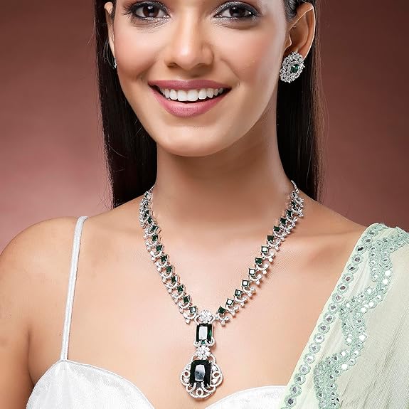 Rhodium Plated Silver Toned Brass Royale Celebrity Inspired, Cystal Jewellery Set For Women & Girls (Green) - Rajputtrade