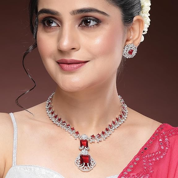 Rhodium Plated Silver Toned Brass Royale Celebrity Inspired, Cystal Jewellery Set For Women & Girls - Rajputtrade