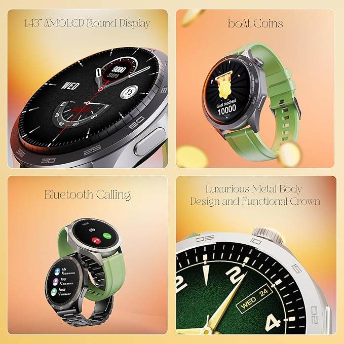 boAt Enigma Radiant Men's Luxury Watch w/Functional Crown, Upto 6 Days Battery, 1.43"(3.63 cm) AMOLED Display Smart Watch (Olive Green) - Rajputtrade