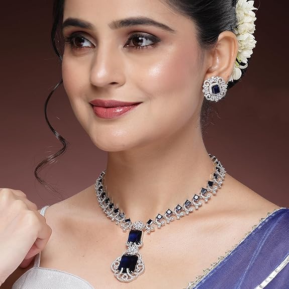 Rhodium Plated Silver Toned Brass Royale Celebrity Inspired, Cystal Jewellery Set For Women & Girls (Blue) - Rajputtrade