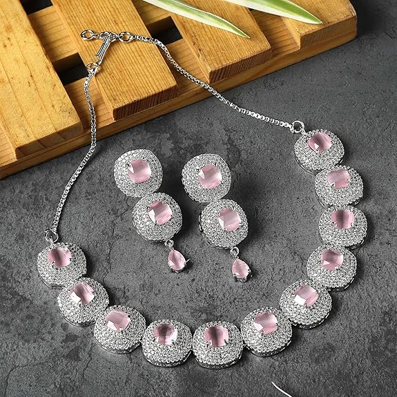 Silver Toned Triangular Shaped American Diamond Studded Jewellery Set For Women and Girl (Pink) - Rajputtrade