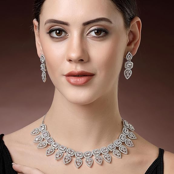 Jewellery Set Leaf Style AD/ Rose Gold Plated Handcrafted Circle Necklace Set for Women & Girls (Silver White) - Rajputtrade