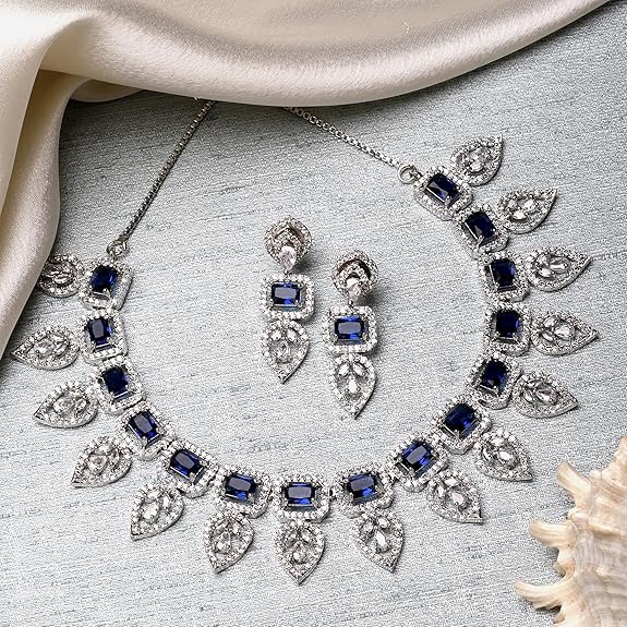 Jewellery Set Leaf Style AD/ Gold Plated Handcrafted Circle Necklace Set for Women & Girls (Blue) - Rajputtrade