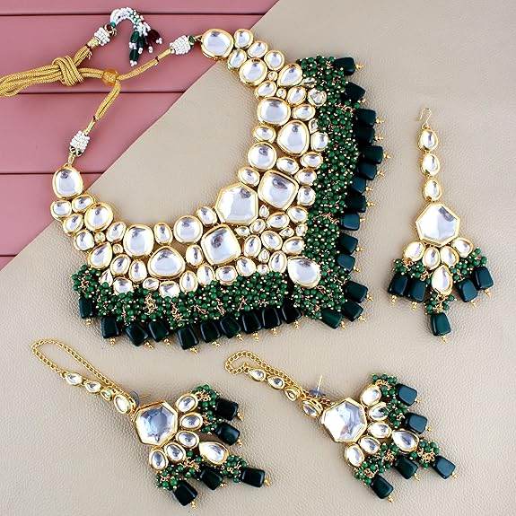 Back Meenakari 18k Gold Plated Green Color Tika Earring Combo Uncut Big Faux Kundan Choker Necklace Set - Rajputtrade