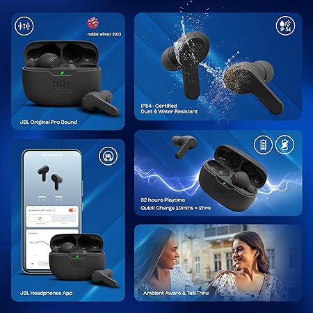 JBL Vibe Beam in-Ear Wireless Earbuds (TWS) with Mic, App for Customized Extra Bass Eq, 32 Hours Battery (Black) - Rajputtrade