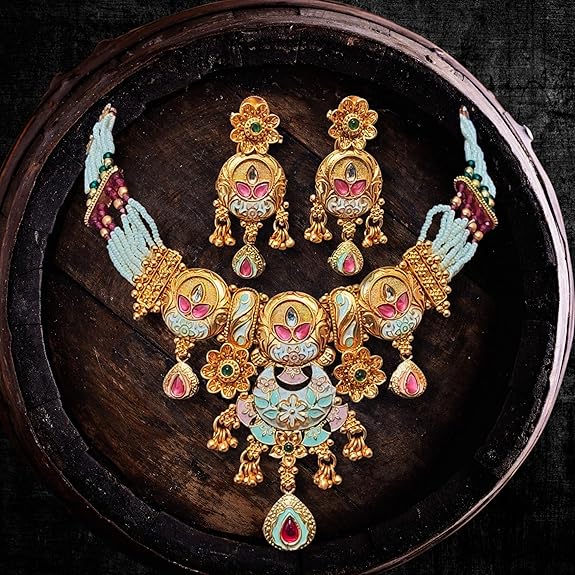 Rajwadi Floral Design Chokor Motimala Jewellery for Girls pink and green - Rajputtrade