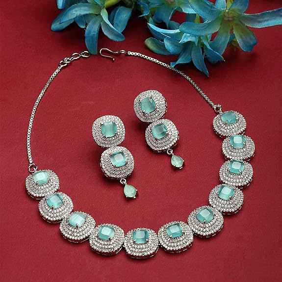 Silver Toned Triangular Shaped American Diamond Studded Jewellery Set For Women and Girl (Sea Green) - Rajputtrade