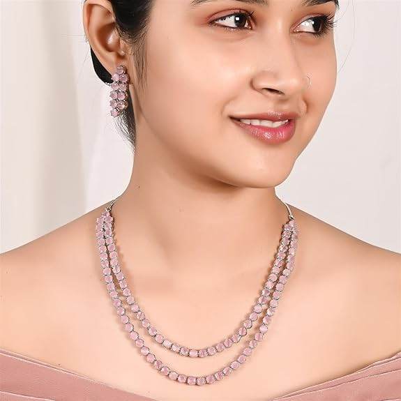 Cubic Zirconia Dual Strand Necklace Jewellery Set With Dangler Earrrings For Women/Girls (Pink) - Rajputtrade