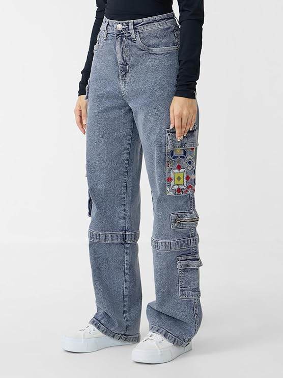 Denim: Light Blue Women and Girls Buttoned Embroidered Cotton Blend Straight Fit Cargo Jeans (Size 34) - Rajputtrade