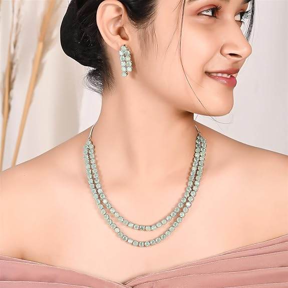 Cubic Zirconia Dual Strand Necklace Jewellery Set With Dangler Earrrings For Women/Girls (Mint Green) - Rajputtrade