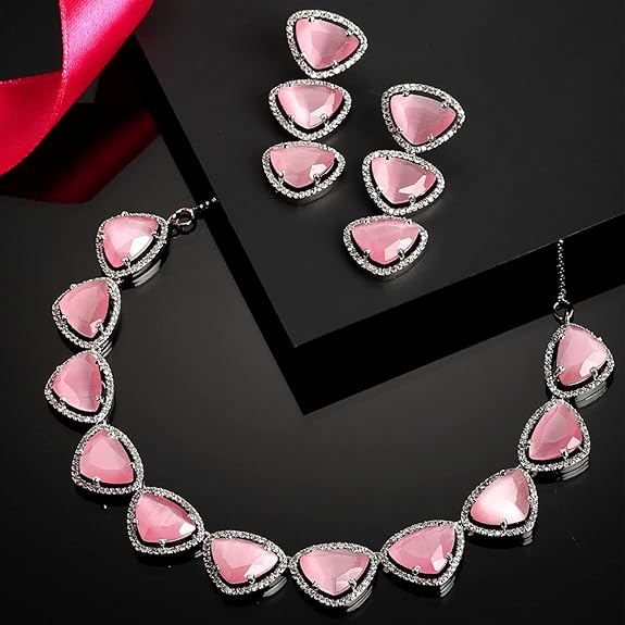 Silver Toned Triangular Shaped American Diamond Studded Jewellery Set For Women and Girl (Pink) - Rajputtrade