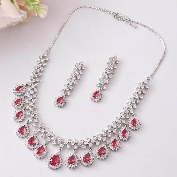 Dazzling Red American Diamond Necklace Set For Women - Rajputtrade