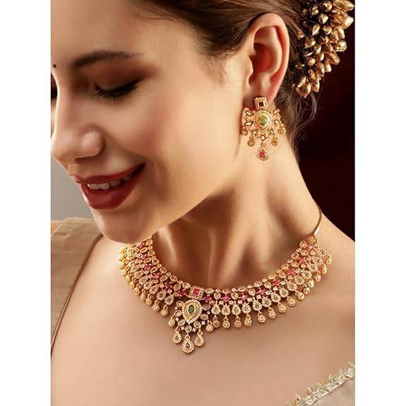 Gold Tone Temple Necklace Set with Multicolored Stones For Women - Rajputtrade