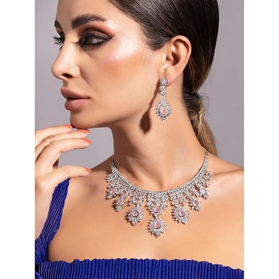 Womens Silver Plated Handcrafted Pink AD Stone Studded Necklace and Earring Set - Rajputtrade