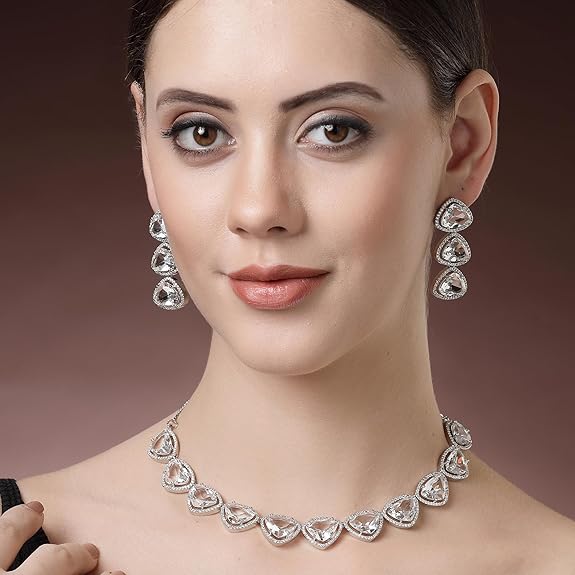 Silver Toned Triangular Shaped American Diamond Studded Jewellery Set For Women and Girl (White) - Rajputtrade
