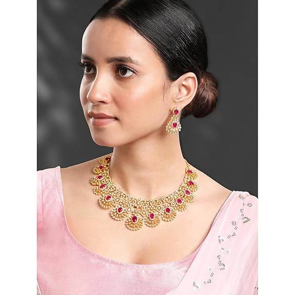 Gold Plated Cubic Zirconia & Red Crystal Studded Floral Necklace & Dangle Earring - Rajputtrade