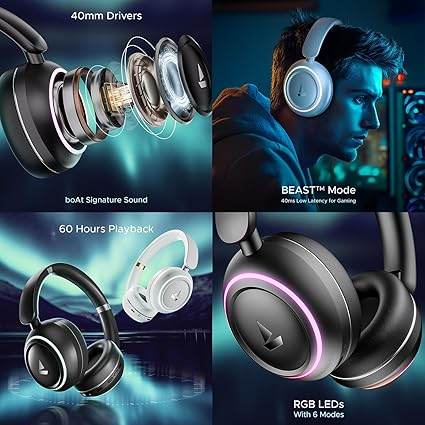 boAt Rockerz 480 w/RGB LEDs, 6 Light Modes, 40mm Drivers, Beast Mode, 60hrs Playback , Bluetooth Headphones(Black Sabre) - Rajputtrade