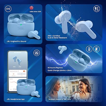 JBL Vibe Beam in-Ear Wireless Earbuds (TWS) with Mic,App for Customized Extra Bass Eq,32 Hours Battery (Blue) - Rajputtrade