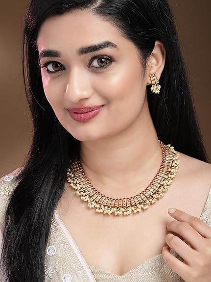 24K Gold-Plated Handcrafted Artificial Lotus Motif Jewelry Set with Earrings For Women and Girls - Rajputtrade