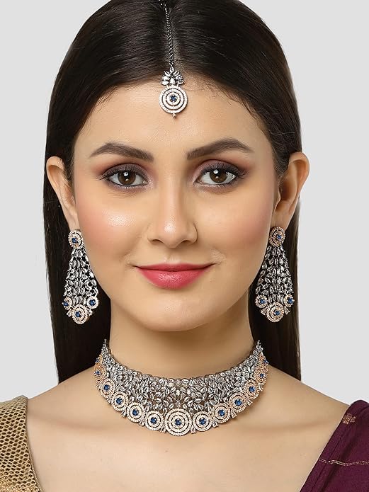 Rose Gold Plated Blue American Diamond Studded Choker Necklace Set for Women (Blue) - Rajputtrade
