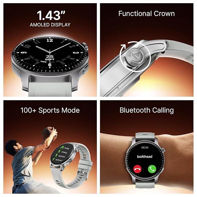 boAt New Launch Ultima Prime smartwatch with 1.43” AMOLED Display, Personalized Fitness Nudges (Silver) - Rajputtrade