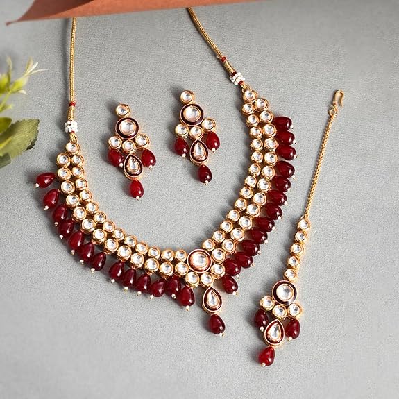 Kundan Elegance Round Cut Gems Beaded Maang Tika Set For Women - Rajputtrade