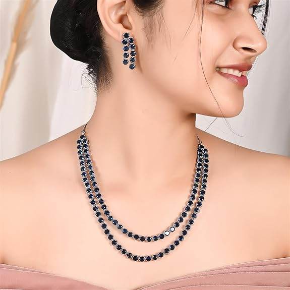 Cubic Zirconia Dual Strand Necklace Jewellery Set With Dangler Earrrings For Women/Girls (Blue) - Rajputtrade
