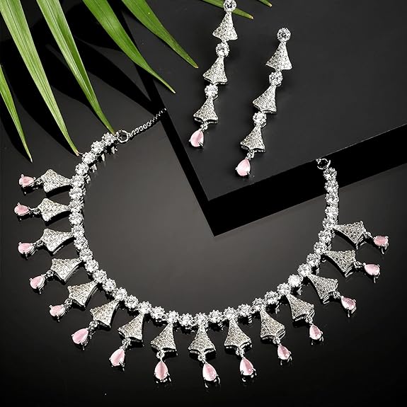 Silver Toned White, Necklace With Earring Jewellery Set For Woment and Girl - Rajputtrade