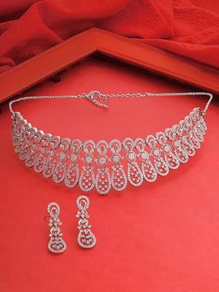 Silver Tone Dazzling Cubic Zirconia Brass Choker Necklace and Earring Set For Women - Rajputtrade