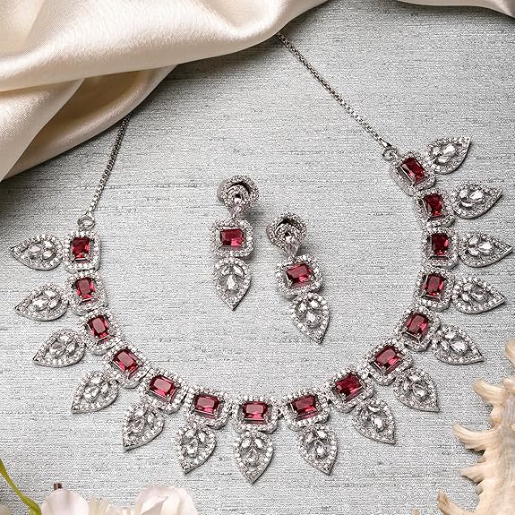 Jewellery Set Leaf Style AD/ Rose Gold Plated Handcrafted Circle Necklace Set for Women & Girls (Red) - Rajputtrade