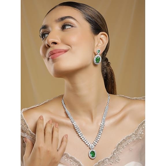 Women's Rhodium Plated Premium White & Emerald Solitaire Zircons Pendant Necklace Set - Rajputtrade