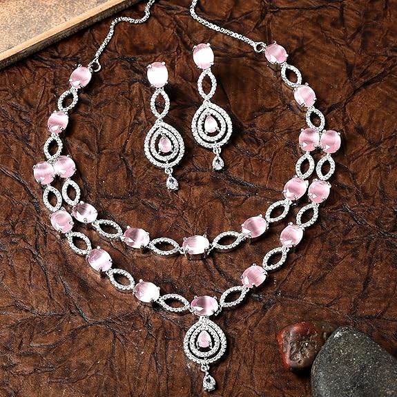 Abstract Necklace With Earrings Jewellery Set For Girls and Women (Pink) - Rajputtrade