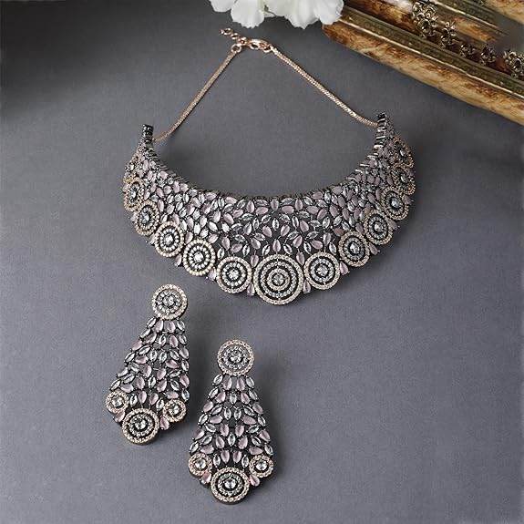 Choker Necklace with Earrings Jewellery Set with Girls and Women (Rose Black-Pink) - Rajputtrade