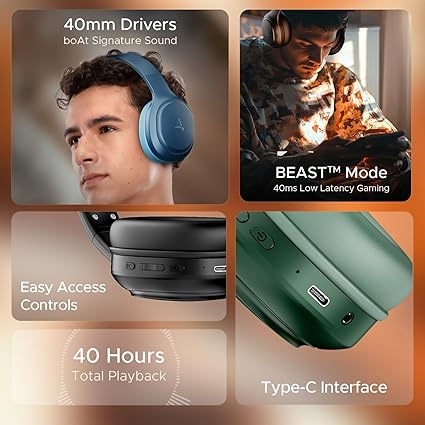boAt Rockerz 430, 40mm Drivers, Beast Mode (40ms Latency), 40hrs Playback, Bluetooth Over Ear Headphones (Bold Blue)