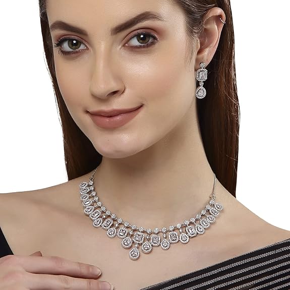 Silver Toned American Diamond Studded Jewellery Set for Women (Silver) - Rajputtrade