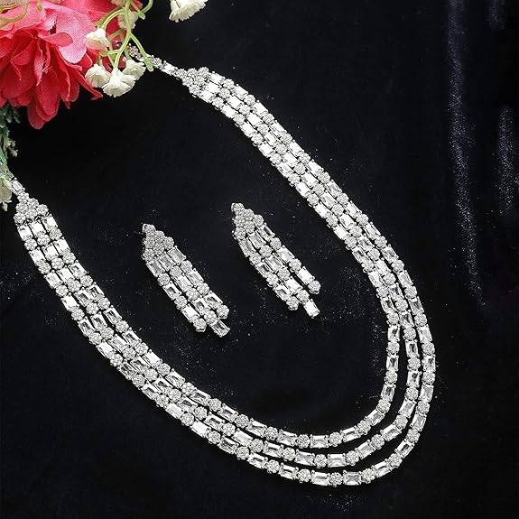 Studded Layered Necklace With Earrings Jewellery Set For Girls and Women (White) - Rajputtrade