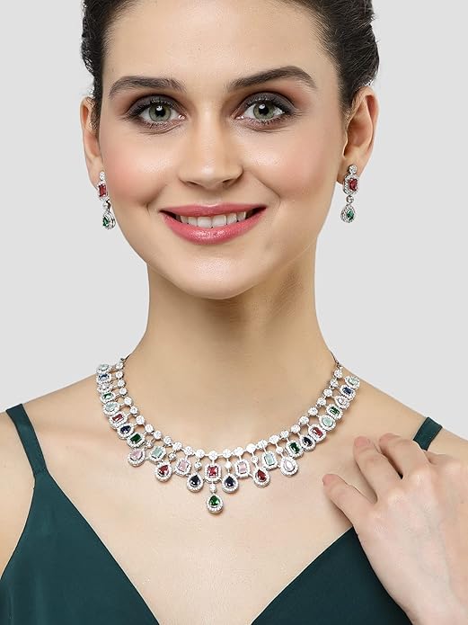 Silver Toned American Diamond Studded Jewellery Set for Women (Multicolor) - Rajputtrade