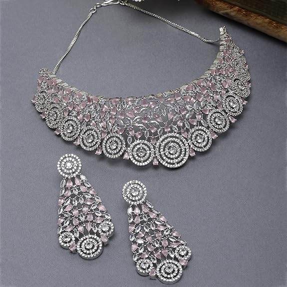 Choker Necklace with Earrings Jewellery Set with Girls and Women (Pink) - Rajputtrade