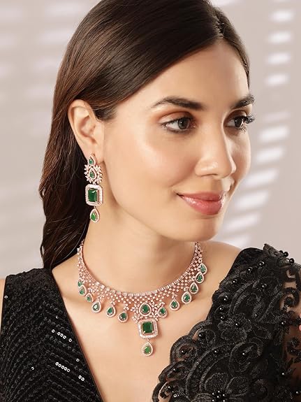 Rose Gold Plated Handcrafted Artificial Jewelry Set-Earrings For Women and Girls (Green) - Rajputtrade