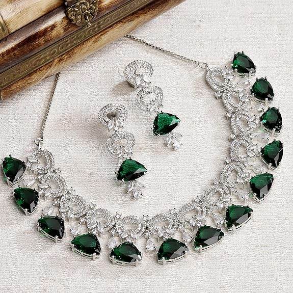 Choker Necklace And Drop Earrings Jewellery Set For Women (Green) - Rajputtrade