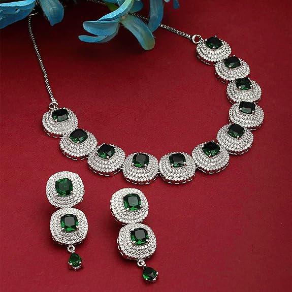 Silver Toned Triangular Shaped American Diamond Studded Jewellery Set For Women and Girl (Green) - Rajputtrade