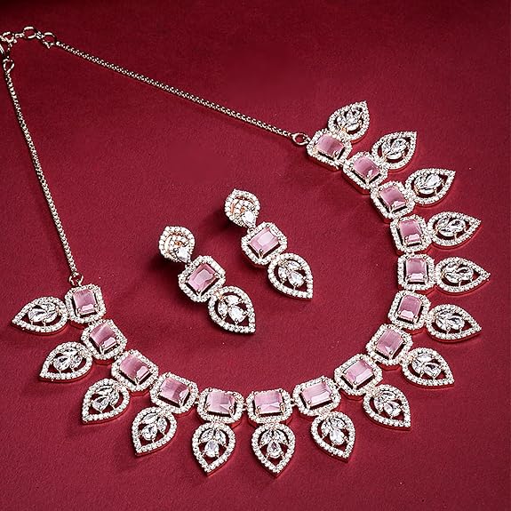 Rose Gold Plated Handcrafted Circle Necklace Set for Women & Girls (Pink Rose) - Rajputtrade