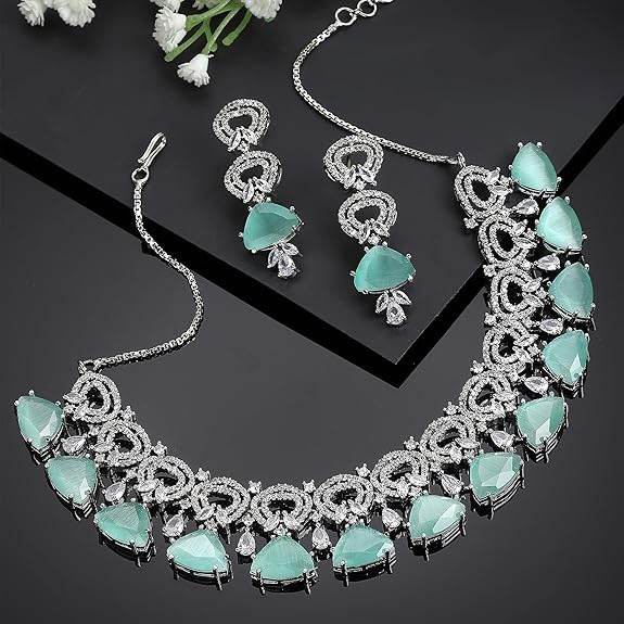 Choker Necklace And Drop Earrings Jewellery Set For Women (Sea Green) - Rajputtrade